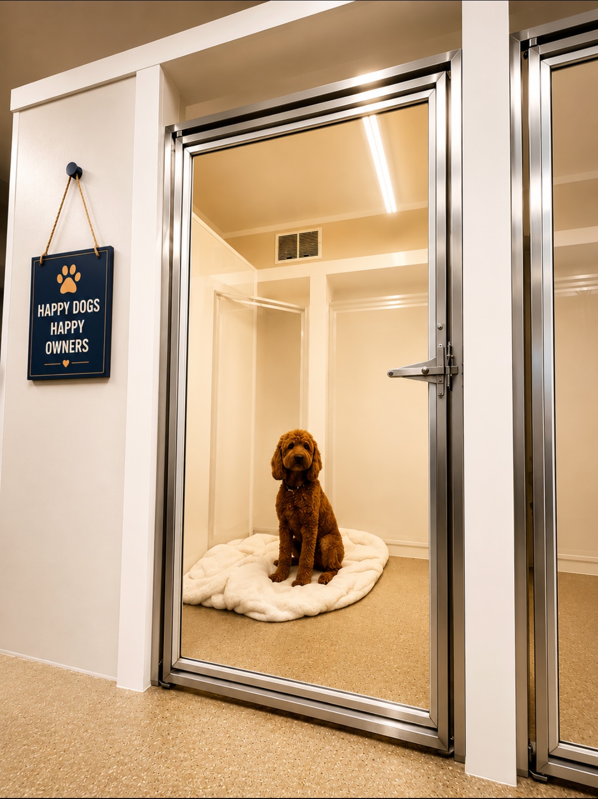 A goldendoodle resting comfortably in a clean boarding kennel